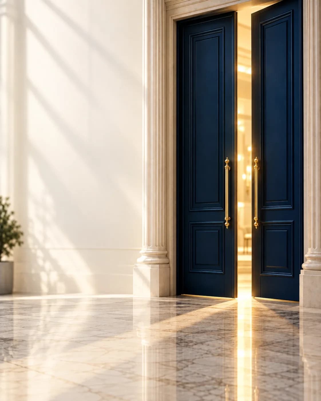 Navy double doors with gold handles opening onto a bright hall